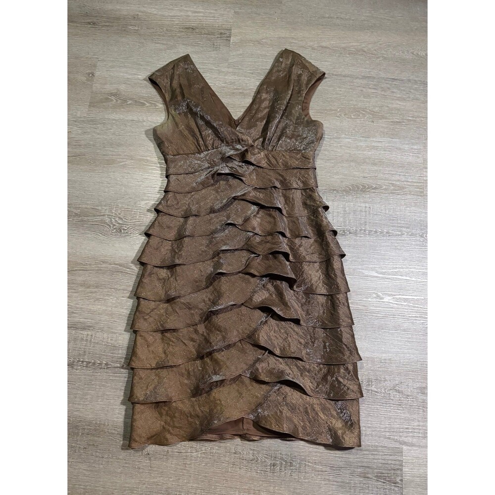 London Times Women’s Petite Ruffle Brown Dress Holiday Formal Attire Size 10P